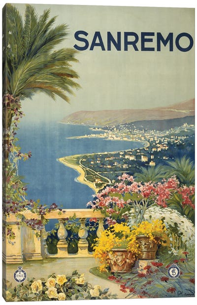 Vintage Travel Poster Showing The Coastline Of San Remo From A Terrace, Circa 1920 Canvas Art Print - Cream Art