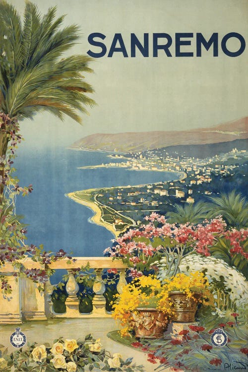 Vintage Travel Poster Showing The Coastline Of San Remo From A Terrace, Circa 1920