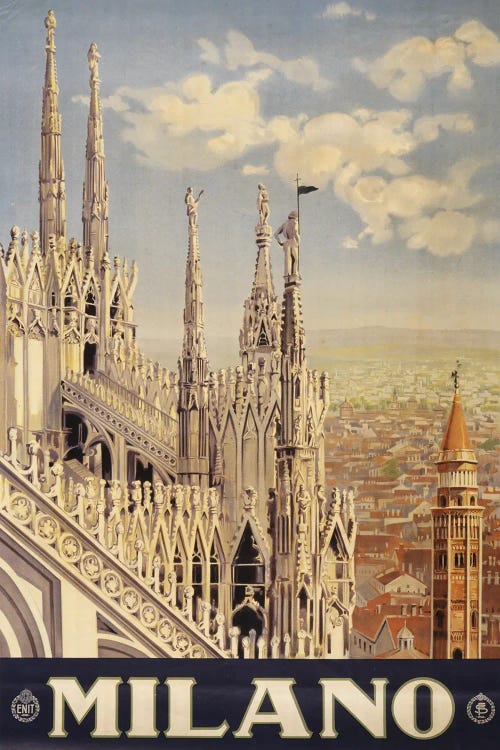 Vintage Travel Poster Showing The Roof And Spires Of A Cathedral In Milan, Italy, Circa 1920