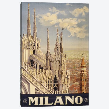 Vintage Travel Poster Showing The Roof And Spires Of A Cathedral In Milan, Italy, Circa 1920 Canvas Print #TRK4015} by Stocktrek Images Canvas Art
