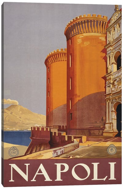 Vintage Travel Poster Showing Vesuvius And The Bay Of Naples From The Terrace Of A Fortress, Circa 1920 Canvas Art Print - Campania Art
