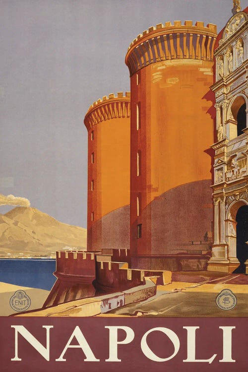 Vintage Travel Poster Showing Vesuvius And The Bay Of Naples From The Terrace Of A Fortress, Circa 1920