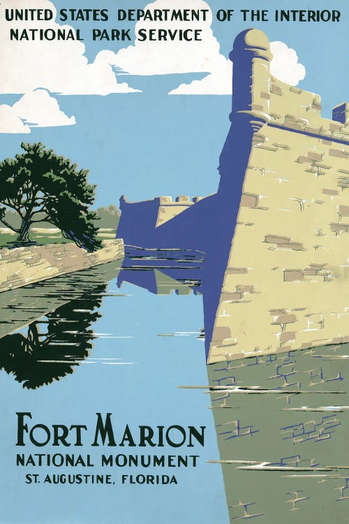 Vintage Travel Poster Showing View Of Fort Marion (Castillo De San Marcos), St Augustine, Florida, Circa 1938