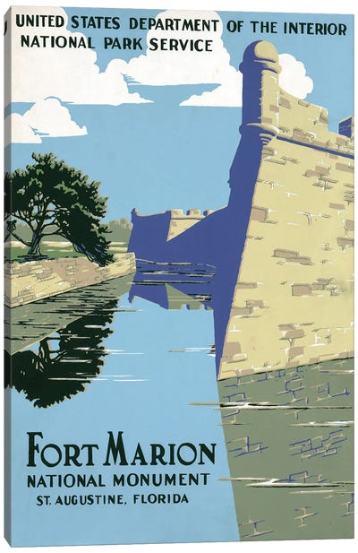 Vintage Travel Poster Showing View Of Fort Marion (Castillo De San Marcos), St Augustine, Florida, Circa 1938 Canvas Art Print
