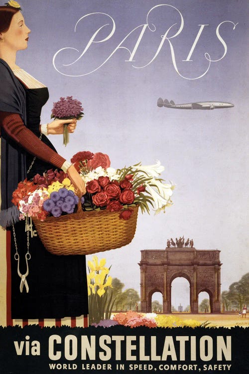 Vintage Travel Poster, Paris Via Constellation, Circa 1950