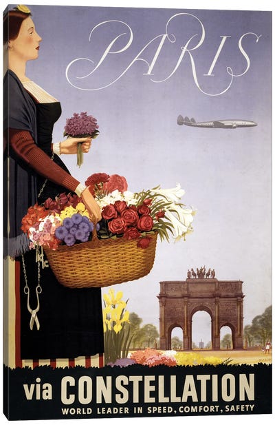Vintage Travel Poster, Paris Via Constellation, Circa 1950 Canvas Art Print - Vintage Travel Posters