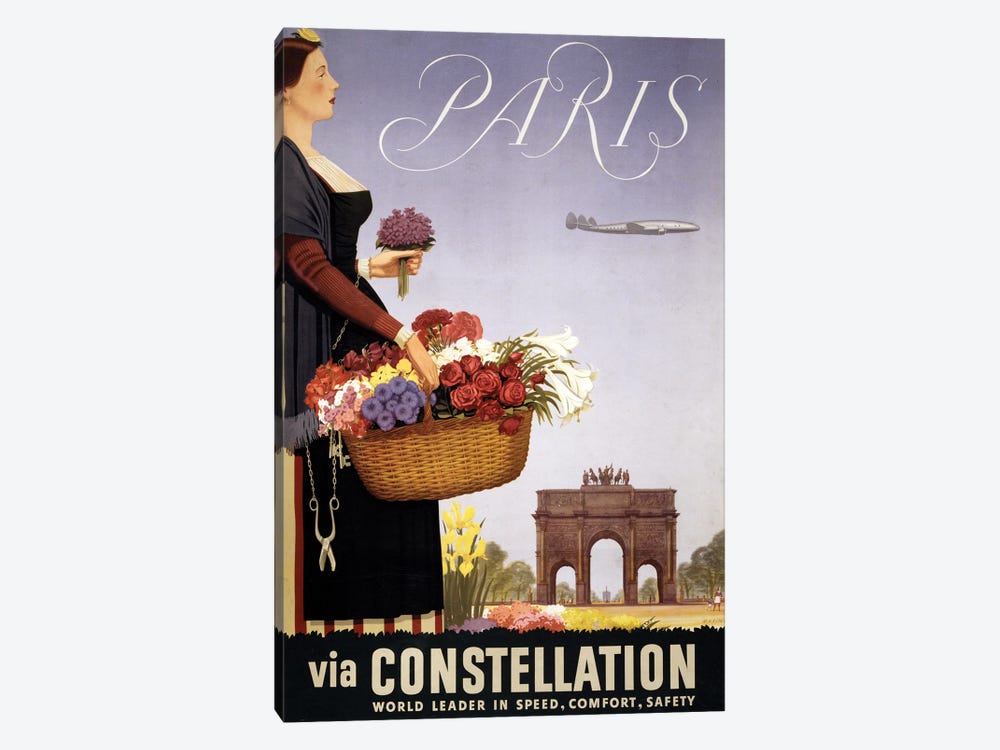 Vintage Travel Poster, Paris Via Constellation, Circa 1950 by Stocktrek Images 1-piece Canvas Art Print