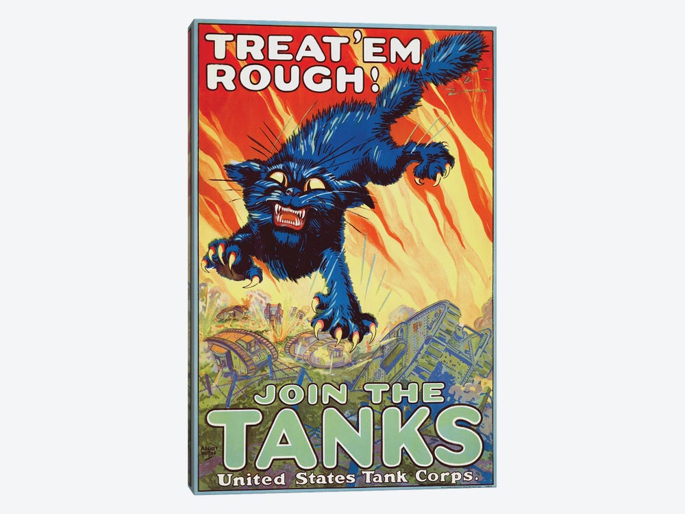 A 1917 Tank Corps Recruitment Poster Showing A Leaping Figure Of A Black Cat Exposing Its Claws by Vernon Lewis Gallery 1-piece Canvas Wall Art