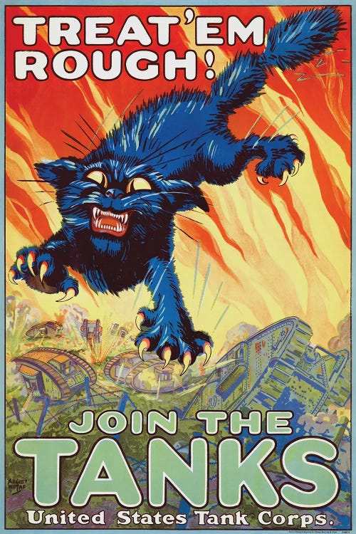 A 1917 Tank Corps Recruitment Poster Showing A Leaping Figure Of A Black Cat Exposing Its Claws by Vernon Lewis Gallery wall art