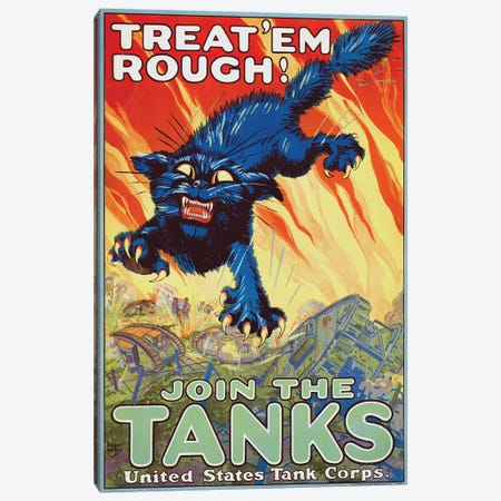 A 1917 Tank Corps Recruitment Poster Showing A Leaping Figure Of A Black Cat Exposing Its Claws Canvas Print #TRK4021} by Vernon Lewis Gallery Canvas Wall Art