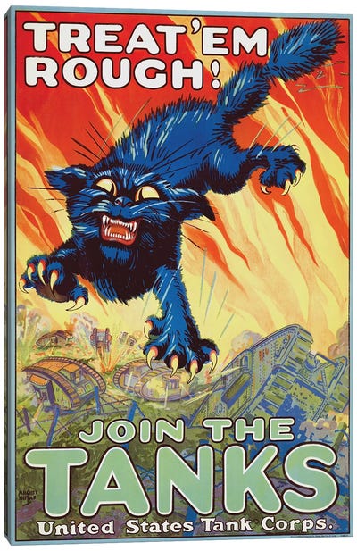 A 1917 Tank Corps Recruitment Poster Showing A Leaping Figure Of A Black Cat Exposing Its Claws Canvas Art Print - Vernon Lewis Gallery