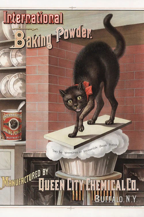 Advertisement For International Brand Baking Powder, Showing A Cat Awakened By Bread Rising