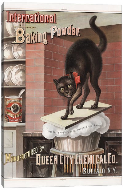 Advertisement For International Brand Baking Powder, Showing A Cat Awakened By Bread Rising Canvas Art Print - Vintage Kitchen Posters