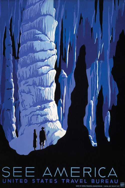 American History Travel Poster Featuring Two Tourists Visiting A Limestone Cave