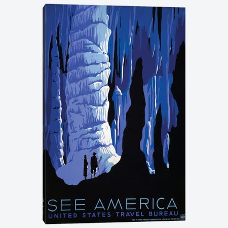 American History Travel Poster Featuring Two Tourists Visiting A Limestone Cave Canvas Print #TRK4024} by Vernon Lewis Gallery Canvas Art Print