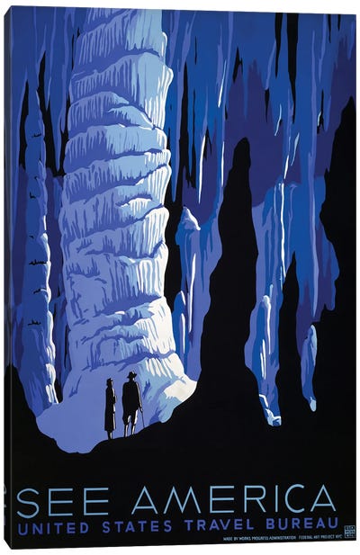 American History Travel Poster Featuring Two Tourists Visiting A Limestone Cave Canvas Art Print - Vernon Lewis Gallery