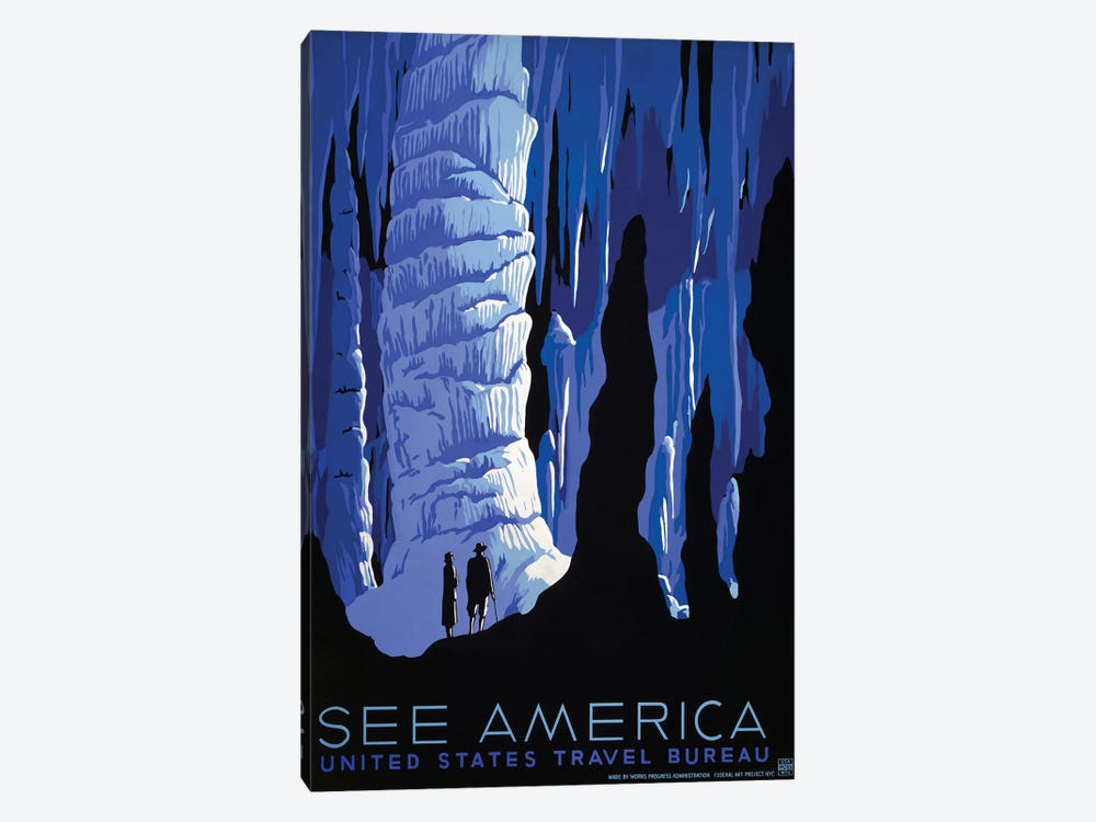 American History Travel Poster Featuring Two Tourists Visiting A Limestone Cave by Vernon Lewis Gallery 1-piece Art Print