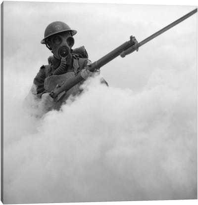 British Soldier Advancing Through A Smoke-Screen With Bayoneted Rifle During Wwii Canvas Art Print - Vernon Lewis Gallery