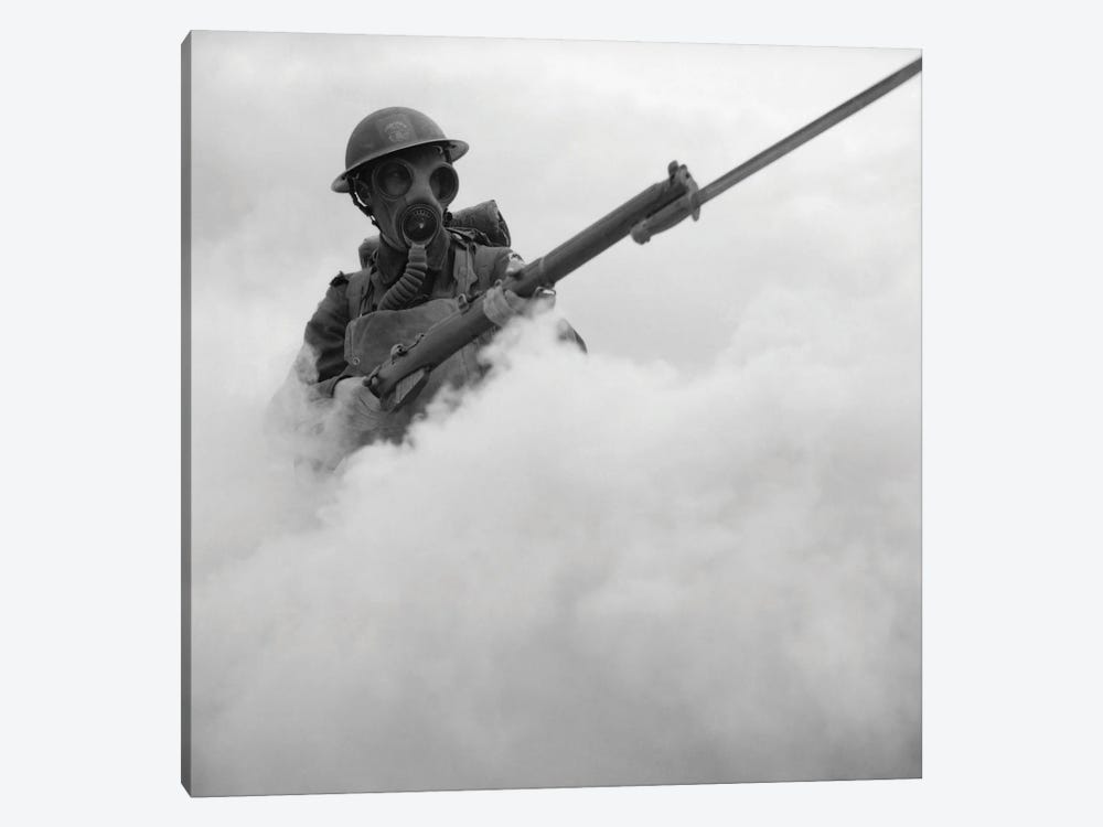 British Soldier Advancing Through A Smoke-Screen With Bayoneted Rifle During Wwii by Vernon Lewis Gallery 1-piece Canvas Artwork