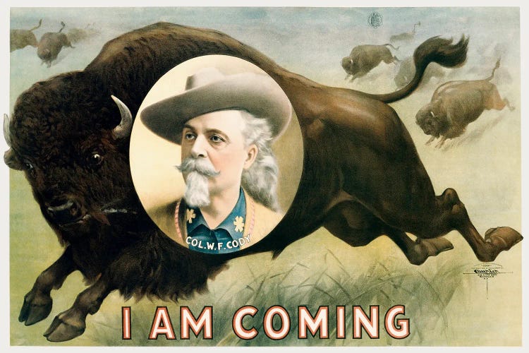 Chromolithographic Print Of A Herd Of Buffalo Running With A Portrait Of Buffalo Bill Cody