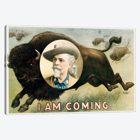 Chromolithographic Print Of A Herd Of Buffalo Running With A Portrait Of Buffalo Bill Cody Canvas Print #TRK4028} by Vernon Lewis Gallery Canvas Artwork