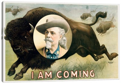Chromolithographic Print Of A Herd Of Buffalo Running With A Portrait Of Buffalo Bill Cody Canvas Art Print - Vernon Lewis Gallery