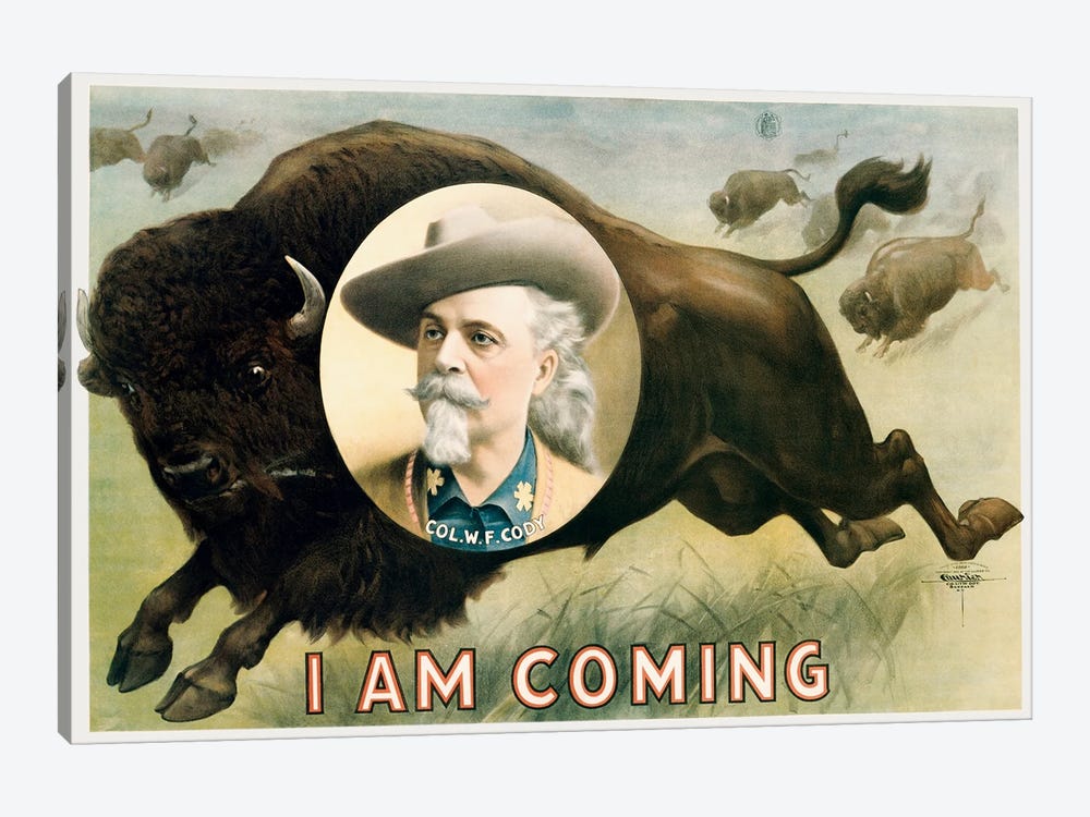Chromolithographic Print Of A Herd Of Buffalo Running With A Portrait Of Buffalo Bill Cody by Vernon Lewis Gallery 1-piece Canvas Art Print