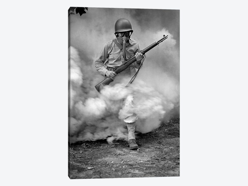 Soldier With Rifle During Gas Mask Training At Fort Belvoir, Virginia, During World War II, 1942 by Vernon Lewis Gallery 1-piece Canvas Print