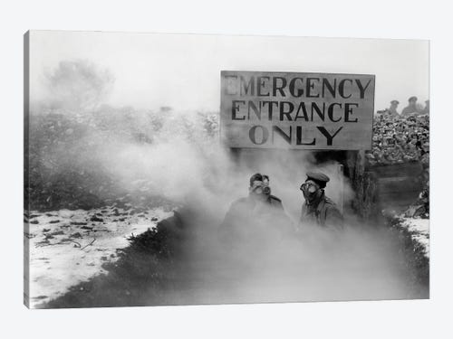 Soldiers Wearing Gas Masks Emerging Through The Deadly Fumes Of A Gas Attack Canvas Print #TRK4038} by Vernon Lewis Gallery Art Print