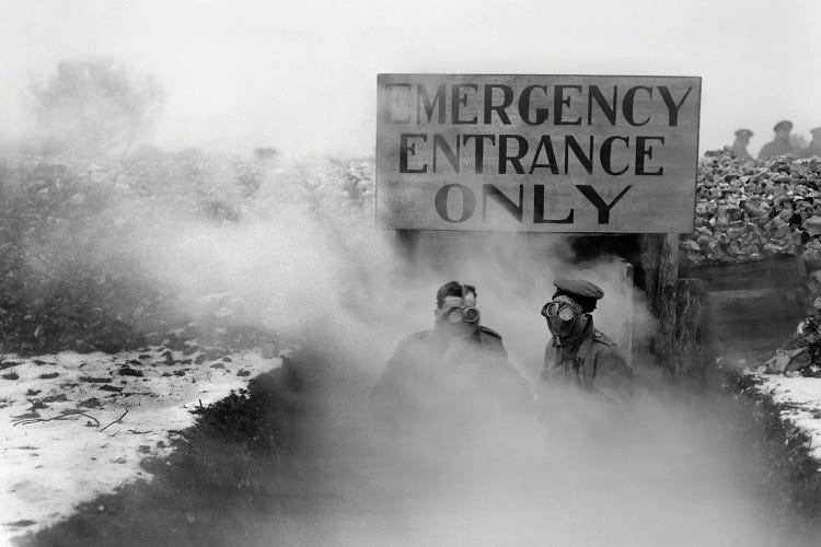 Soldiers Wearing Gas Masks Emerging Through The Deadly Fumes Of A Gas Attack