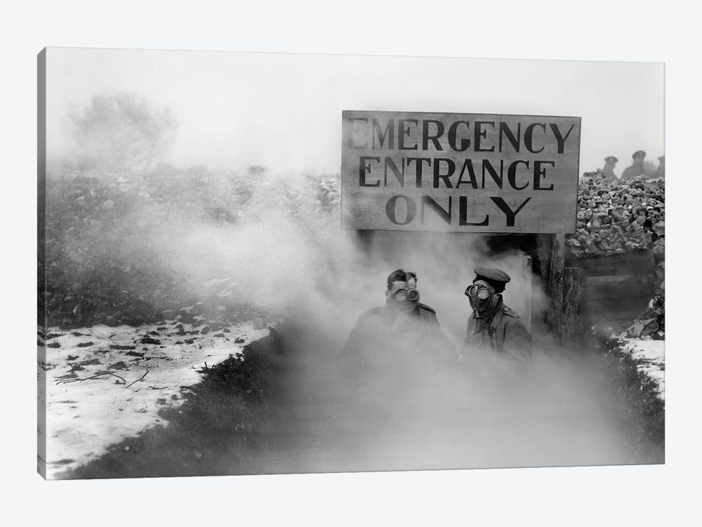 Soldiers Wearing Gas Masks Emerging Through The Deadly Fumes Of A Gas Attack by Vernon Lewis Gallery 1-piece Canvas Art