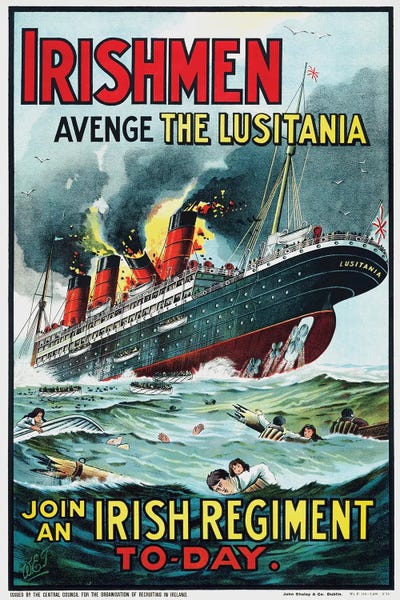 The Sinking Of Rms Lusitania With The Ship In Flames Lusitania Was Hit In 1915 By A German U-Boat by Vernon Lewis Gallery canvas print