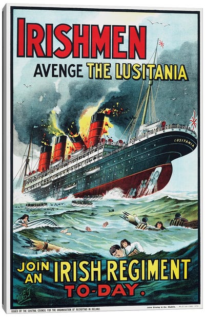 The Sinking Of Rms Lusitania With The Ship In Flames Lusitania Was Hit In 1915 By A German U-Boat Canvas Art Print - Vernon Lewis Gallery
