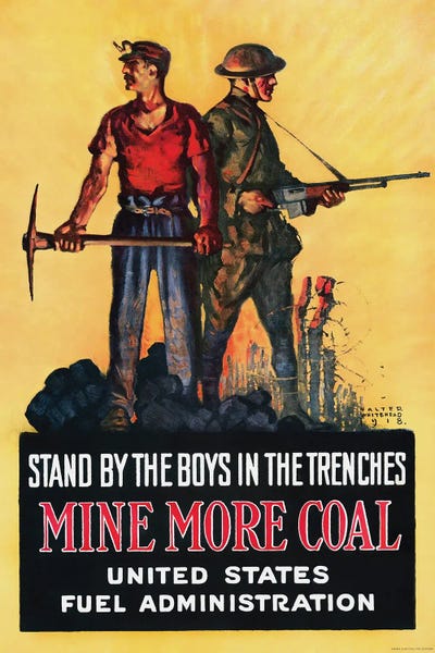 Vernon Lewis Gallery: US History Print Of A Miner And A Soldier Standing Alongside Each During World War I by Vernon Lewis Gallery