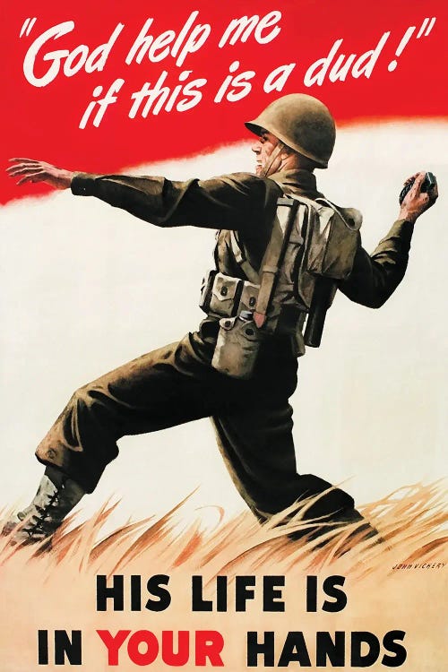 Vintage War Poster Of An American Soldier Tossing A Grenade At The Enemy