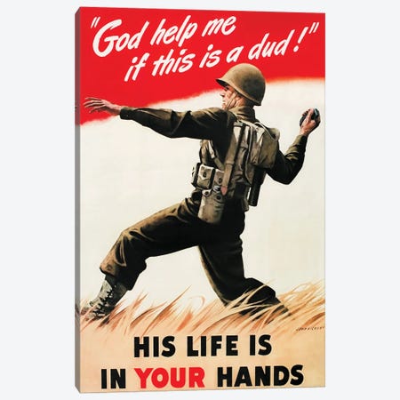 Vintage War Poster Of An American Soldier Tossing A Grenade At The Enemy Canvas Print #TRK4051} by Vernon Lewis Gallery Canvas Art Print
