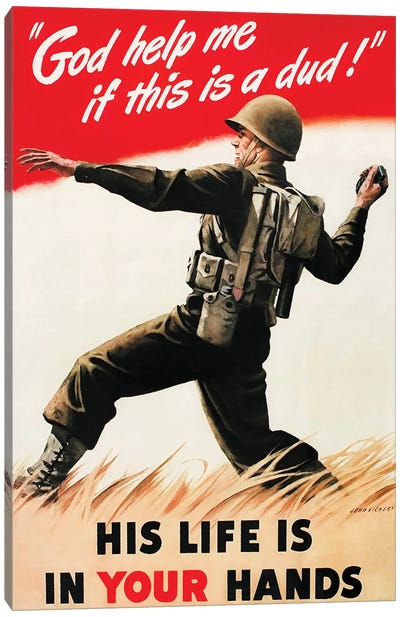 Vintage War Poster Of An American Soldier Tossing A Grenade At The Enemy Canvas Art Print - Vernon Lewis Gallery