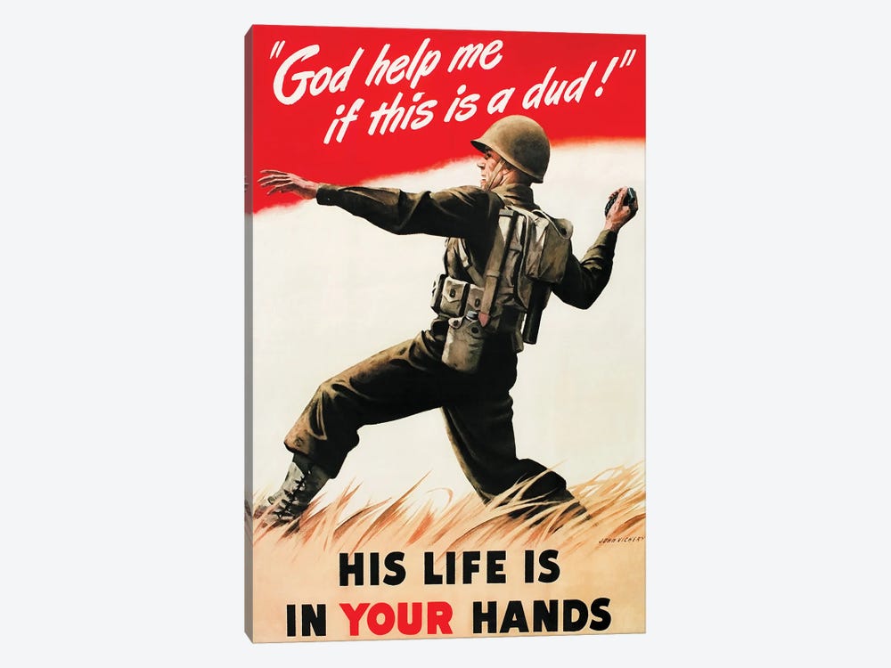 Vintage War Poster Of An American Soldier Tossing A Grenade At The Enemy by Vernon Lewis Gallery 1-piece Art Print