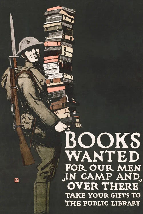 World War I Print Encouraging People To Donate Books For Soldiers During The First World War by Vernon Lewis Gallery wall art