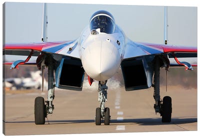 A Su-35S Jet Fighter Of The Russian Knights Aerobatics Team Of The Russian Air Force Taxiing Canvas Art Print - Military Aircraft Art