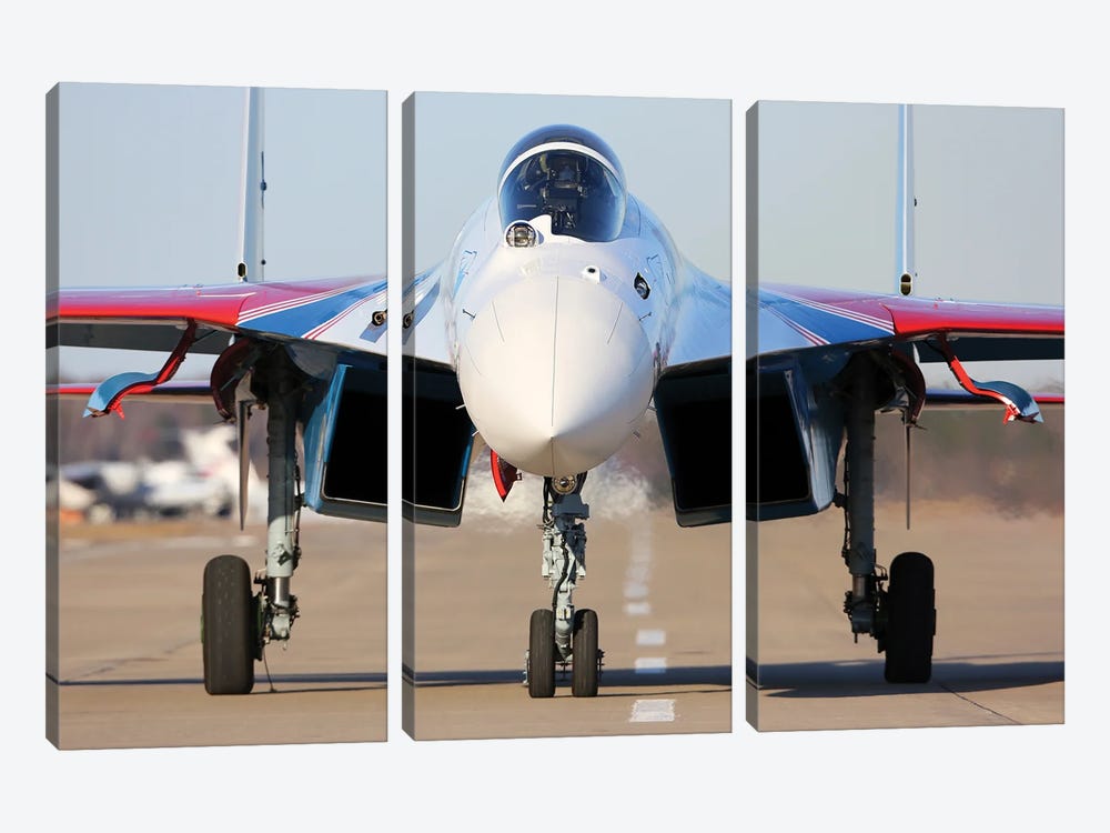 A Su-35S Jet Fighter Of The Russian Knights Aerobatics Team Of The Russian Air Force Taxiing by Artem Alexandrovich 3-piece Canvas Wall Art