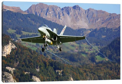 An F/A-18C Hornet Jet Fighter Of The Swiss Air Force Prepares For Landing, Axalp, Meiringen, Switzerland Canvas Art Print - Military Aircraft Art