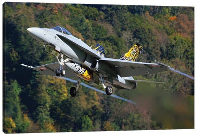 An F/A-18C Hornet Jet Fighter Of The Swiss Air Force Taking Off, Meiringen, Switzerland Canvas Art Print - Military Aircraft Art