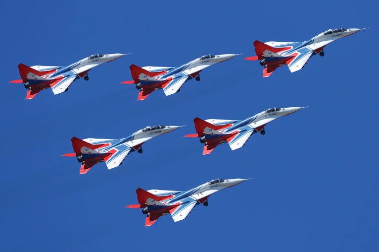 Mig-29 Jet Fighters Of Strizhi (Swifts) Aerobatics Team Of The Russian Air Force Fly In Formation