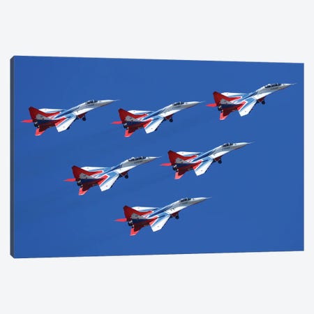 Mig-29 Jet Fighters Of Strizhi (Swifts) Aerobatics Team Of The Russian Air Force Fly In Formation Canvas Print #TRK4072} by Artem Alexandrovich Canvas Print