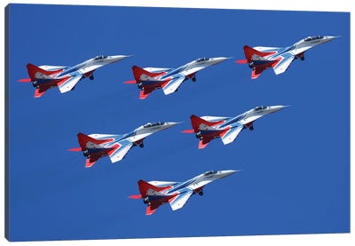 Mig-29 Jet Fighters Of Strizhi (Swifts) Aerobatics Team Of The Russian Air Force Fly In Formation Canvas Art Print - Military Aircraft Art
