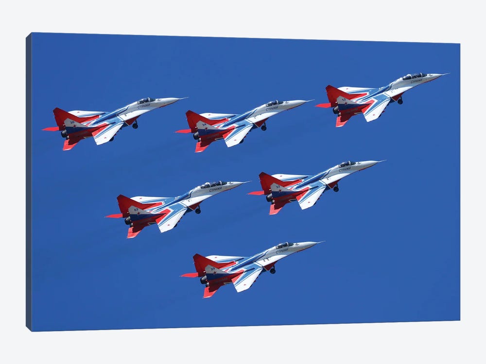 Mig-29 Jet Fighters Of Strizhi (Swifts) Aerobatics Team Of The Russian Air Force Fly In Formation by Artem Alexandrovich 1-piece Canvas Artwork