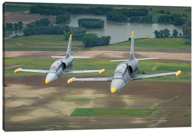 A Pair Of Czech Air Force L-39 Albatros Training Jets In Flight Canvas Art Print - Military Aircraft Art