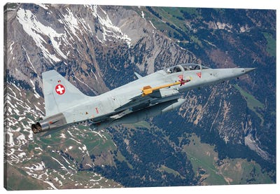 A Swiss Air Force F-5F Tiger II Flying Over The Swiss Alps I Canvas Art Print - Military Aircraft Art