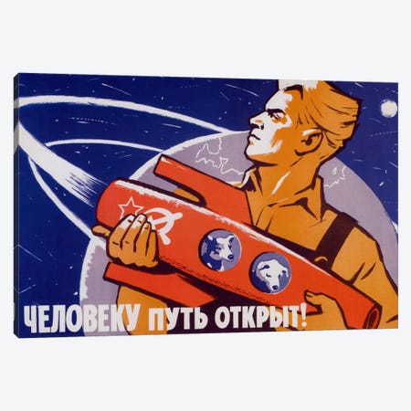 Soviet Space Poster Featuring Space Dogs, Belka And Strelka, In A Rocket Being Held By A Man Canvas Print #TRK40} by Stocktrek Images Canvas Art